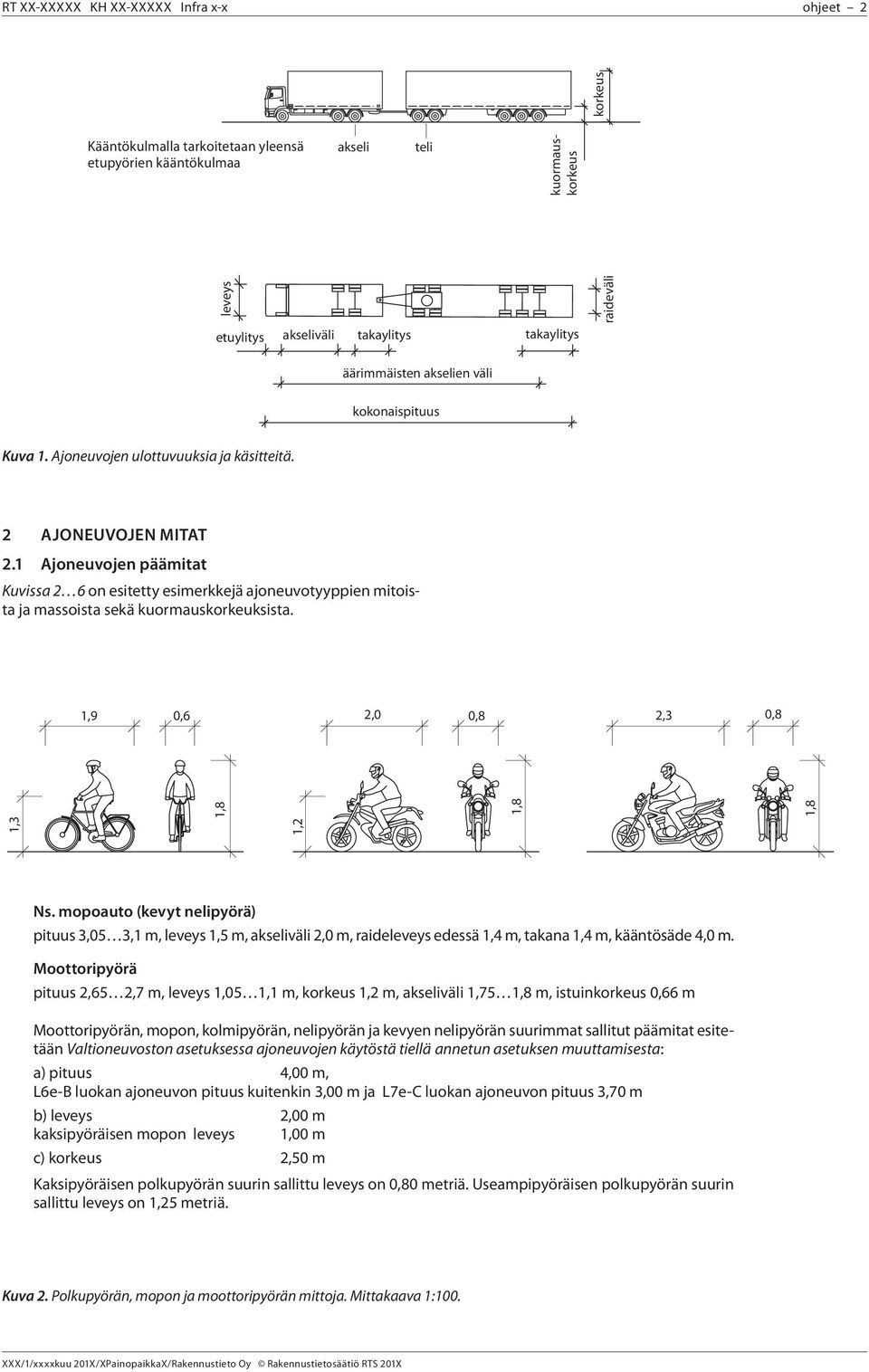 1 Ajoneuvojen päämitt Kuviss 2 6 on esitetty esimerkkejä joneuvotyyppien mitoist j mssoist sekä kuormuskorkeuksist. 1,9 0,6 2,0 0,8 2,3 0,8 1,3 1,2 1,8 1,8 1,8 Ns.