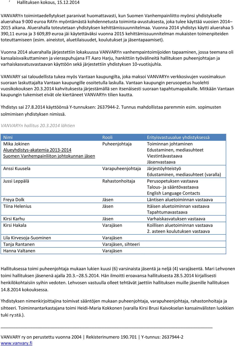käyttää vuosien 2014 2015 aikana. Aluerahalla toteutetaan yhdistyksen kehittämissuunnitelmaa.