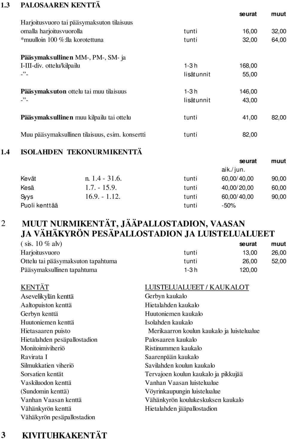 ottelu/kilpailu 1-3 h 168,00 - - lisätunnit 55,00 Pääsymaksuton ottelu tai muu tilaisuus 1-3 h 146,00 - - lisätunnit 43,00 Pääsymaksullinen muu kilpailu tai ottelu tunti 41,00 82,00 Muu