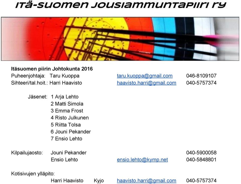 com 040 5757374 Jäsenet: 1 Arja Lehto 2 Matti Simola 3 Emma Frost 4 Risto Julkunen 5 Riitta Tolsa 6 Jouni