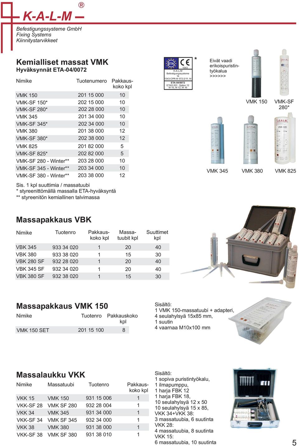 suuttimia / massatuubi * styreenittömällä massalla ETA-hyväksyntä ** styreenitön kemiallinen talvimassa 0 0 0 0 0 2 2 0 0 2 ETA 343 K-A-L-M Befestigungssysteme 4 343-CPR-M 2-2/.