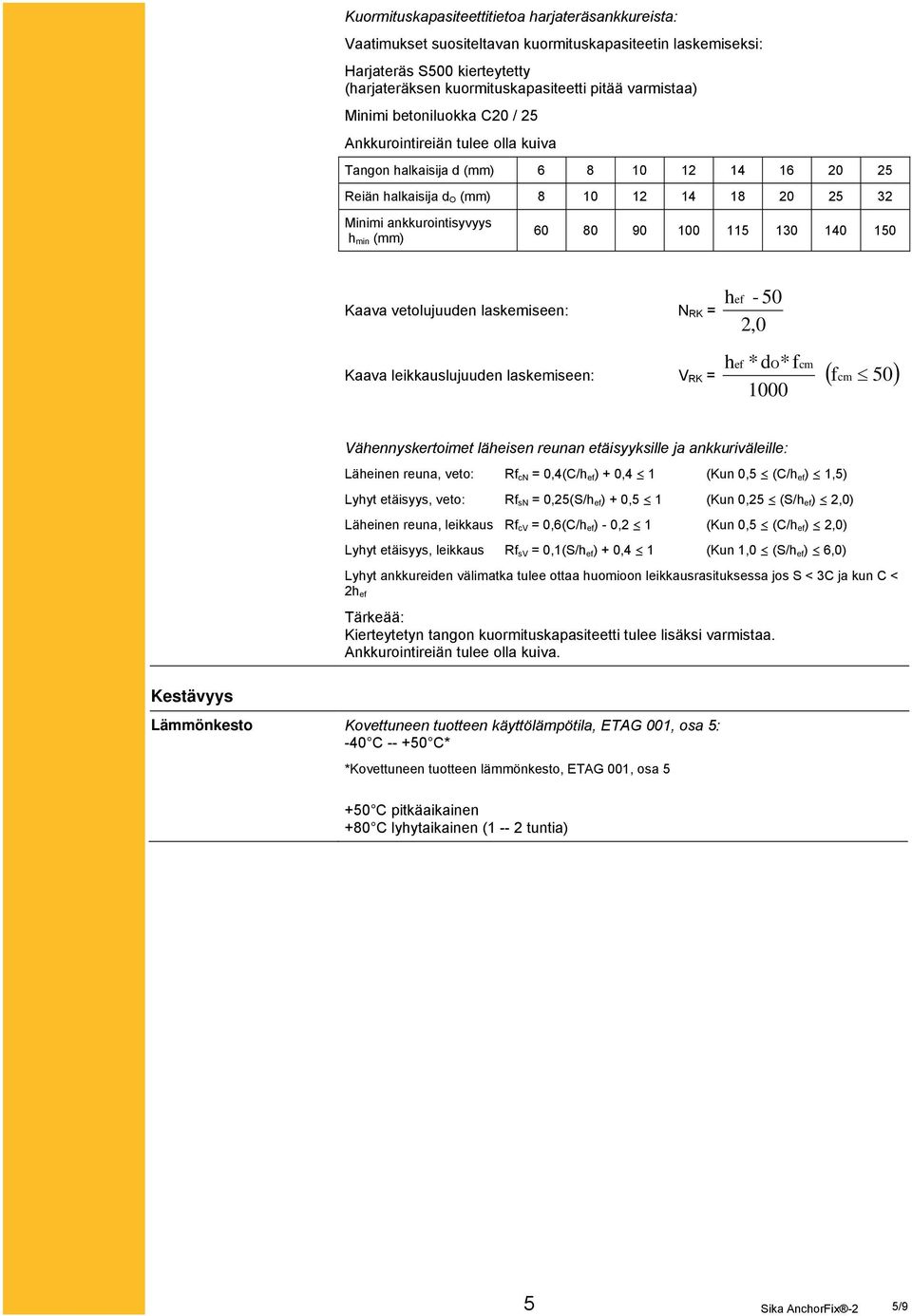 80 90 100 115 130 140 150 Kaava vetolujuuden laskemiseen: N RK = Kaava leikkauslujuuden laskemiseen: V RK = h ef h - 50 2,0 ef *do*f 1000 cm fcm 50 Vähennyskertoimet läheisen reunan etäisyyksille ja