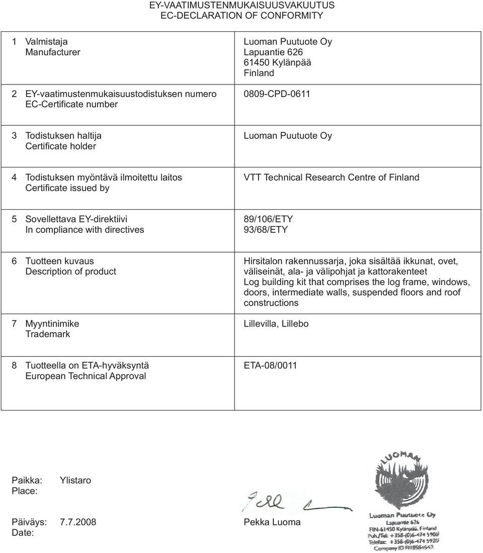 Sovellettava EY-direktiivi In compliance with directives 89/106/ETY 93/68/ETY 6 Tuotteen kuvaus Description of product 7 Myyntinimike Trademark Hirsitalon rakennussarja, joka sisältää ikkunat, ovet,