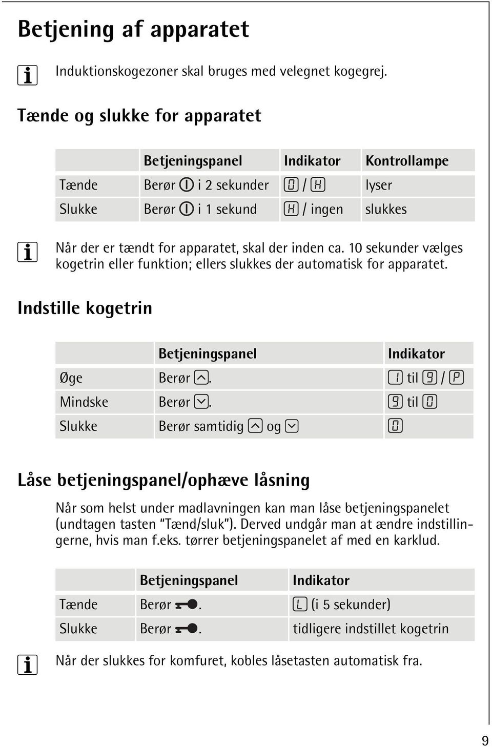 10 sekunder vælges kogetrin eller funktion; ellers slukkes der automatisk for apparatet. Indstille kogetrin Betjeningspanel Indikator Øge Berør. til / Mindske Berør.