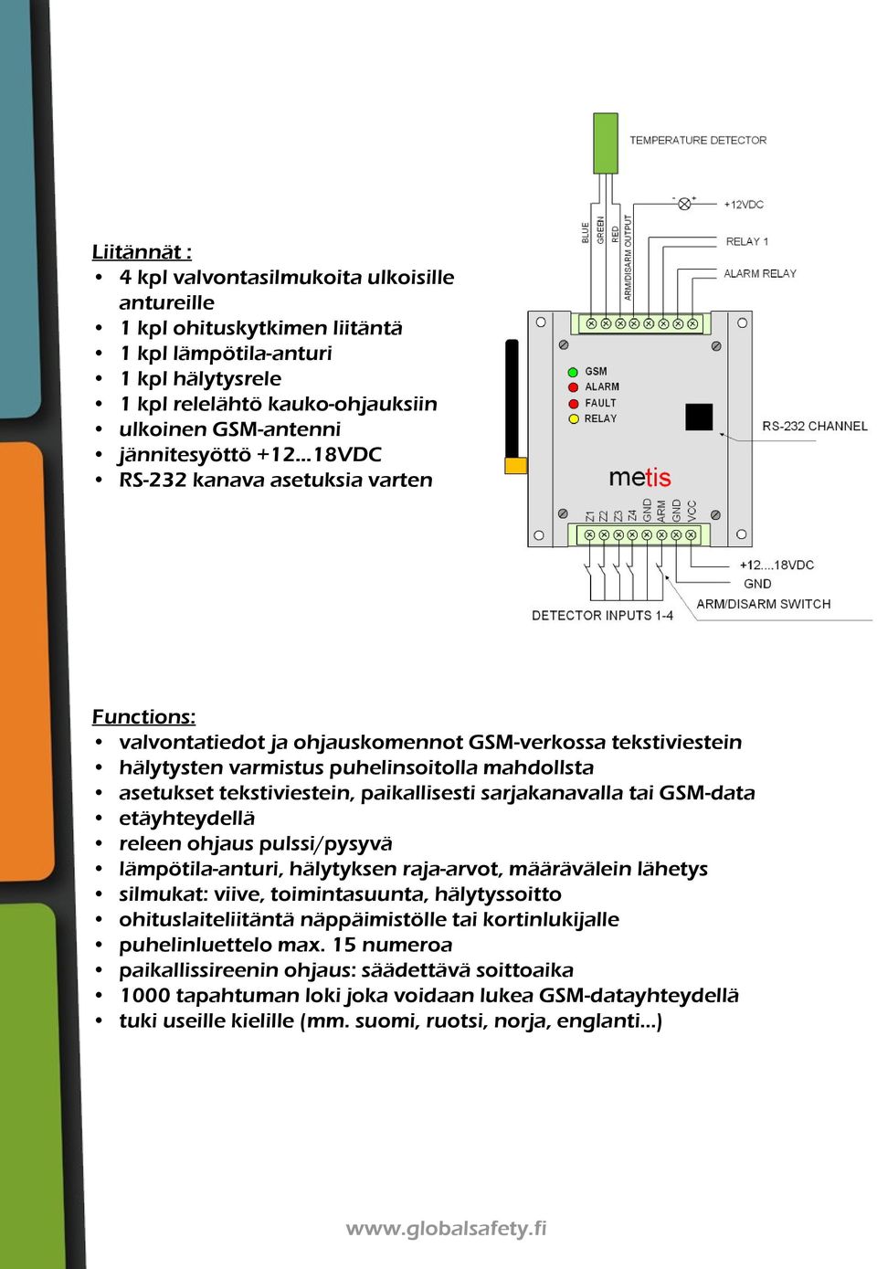 paikallisesti sarjakanavalla tai GSM-data etäyhteydellä releen ohjaus pulssi/pysyvä lämpötila-anturi, hälytyksen raja-arvot, määrävälein lähetys silmukat: viive, toimintasuunta, hälytyssoitto