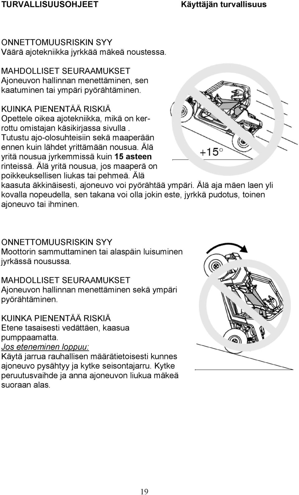 KUINKA PIENENTÄÄ RISKIÄ Opettele oikea ajotekniikka, mikä on kerrottu omistajan käsikirjassa sivulla. Tutustu ajo-olosuhteisiin sekä maaperään ennen kuin lähdet yrittämään nousua.