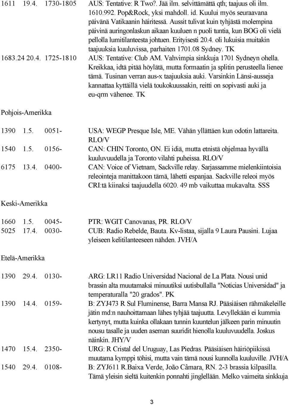 oli lukuisia muitakin taajuuksia kuuluvissa, parhaiten 1701.08 Sydney. TK 1683.24 20.4. 1725-1810 AUS: Tentative: Club AM. Vahvimpia sinkkuja 1701 Sydneyn ohella.