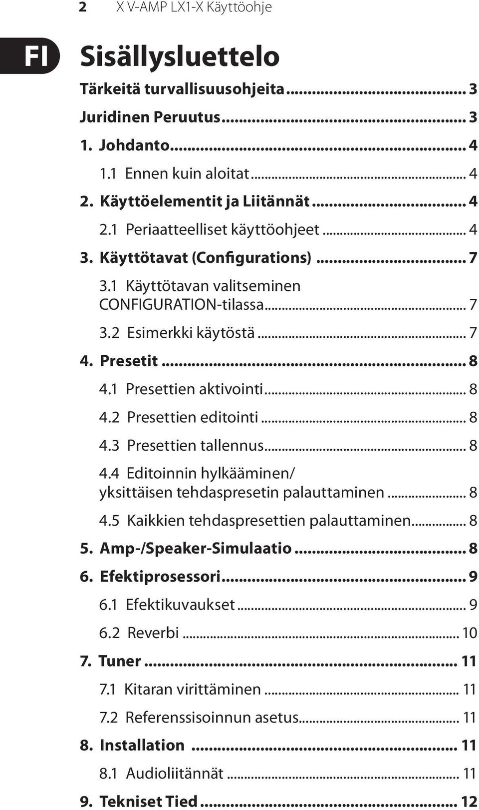 .. 8 4.3 Presettien tallennus... 8 4.4 Editoinnin hylkääminen/ yksittäisen tehdaspresetin palauttaminen... 8 4.5 Kaikkien tehdaspresettien palauttaminen... 8 5. Amp-/Speaker-Simulaatio... 8 6.