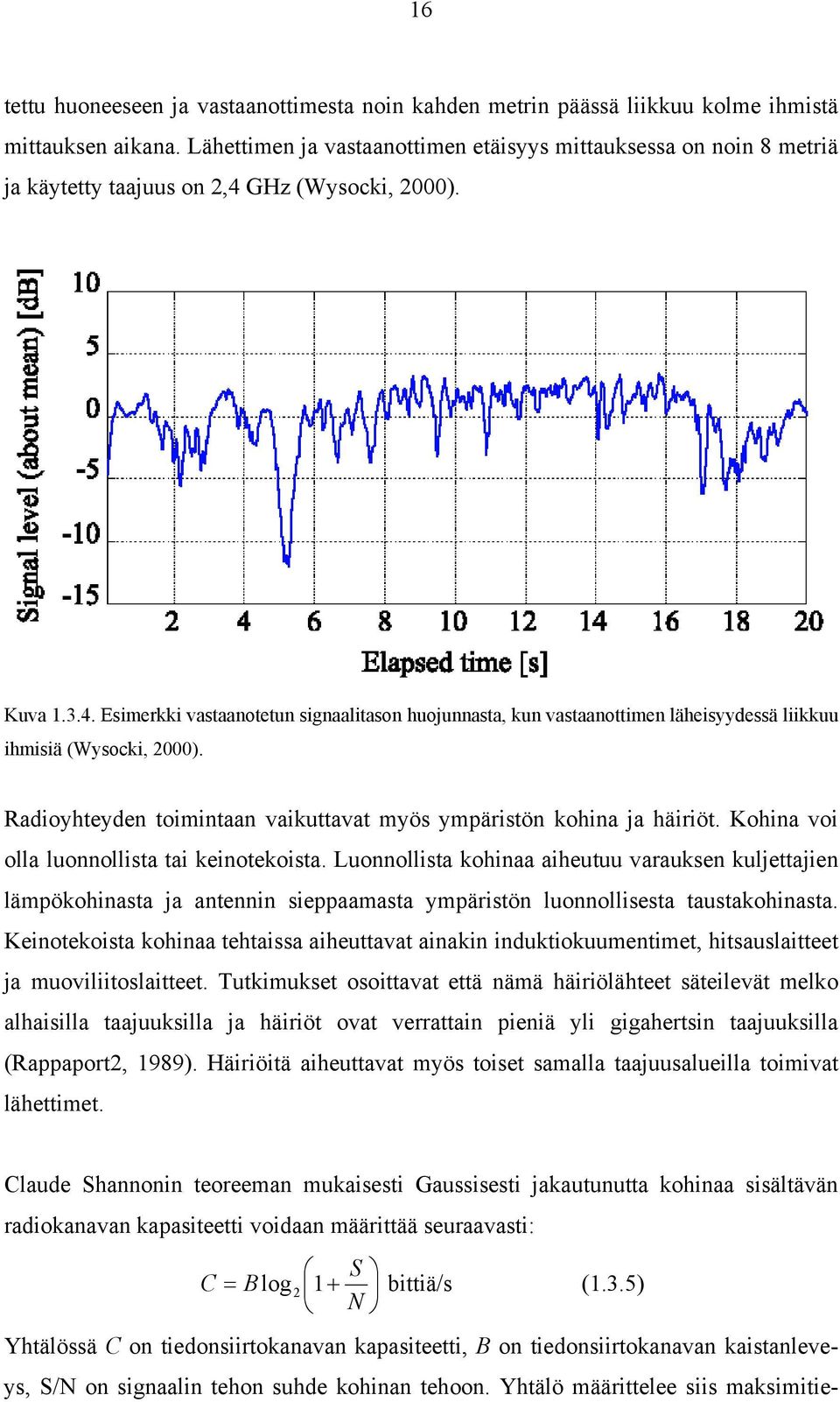 GHz (Wysocki, 2000). Kuva 1.3.4. Esimerkki vastaanotetun signaalitason huojunnasta, kun vastaanottimen läheisyydessä liikkuu ihmisiä (Wysocki, 2000).