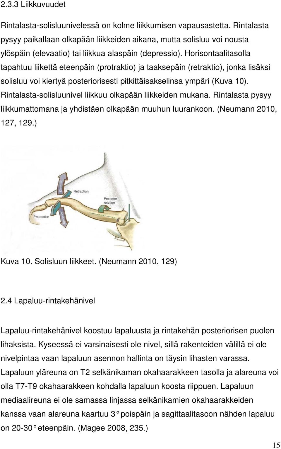 Horisontaalitasolla tapahtuu liikettä eteenpäin (protraktio) ja taaksepäin (retraktio), jonka lisäksi solisluu voi kiertyä posteriorisesti pitkittäisakselinsa ympäri (Kuva 10).