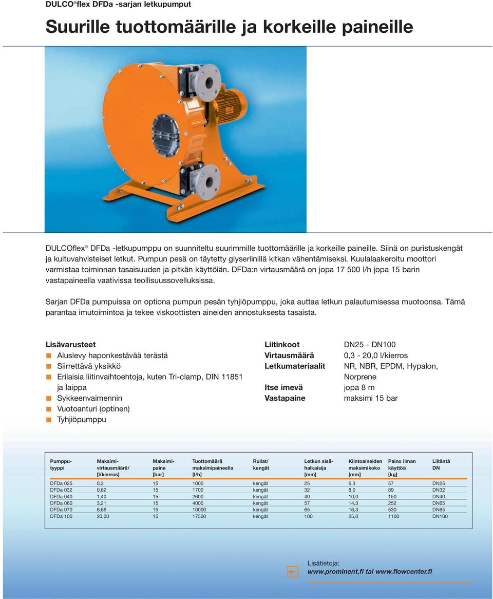 DFDa:n virtausmäärä on jopa 17 500 l/h jopa 15 barin vastapaineella vaativissa teollisuussovelluksissa.
