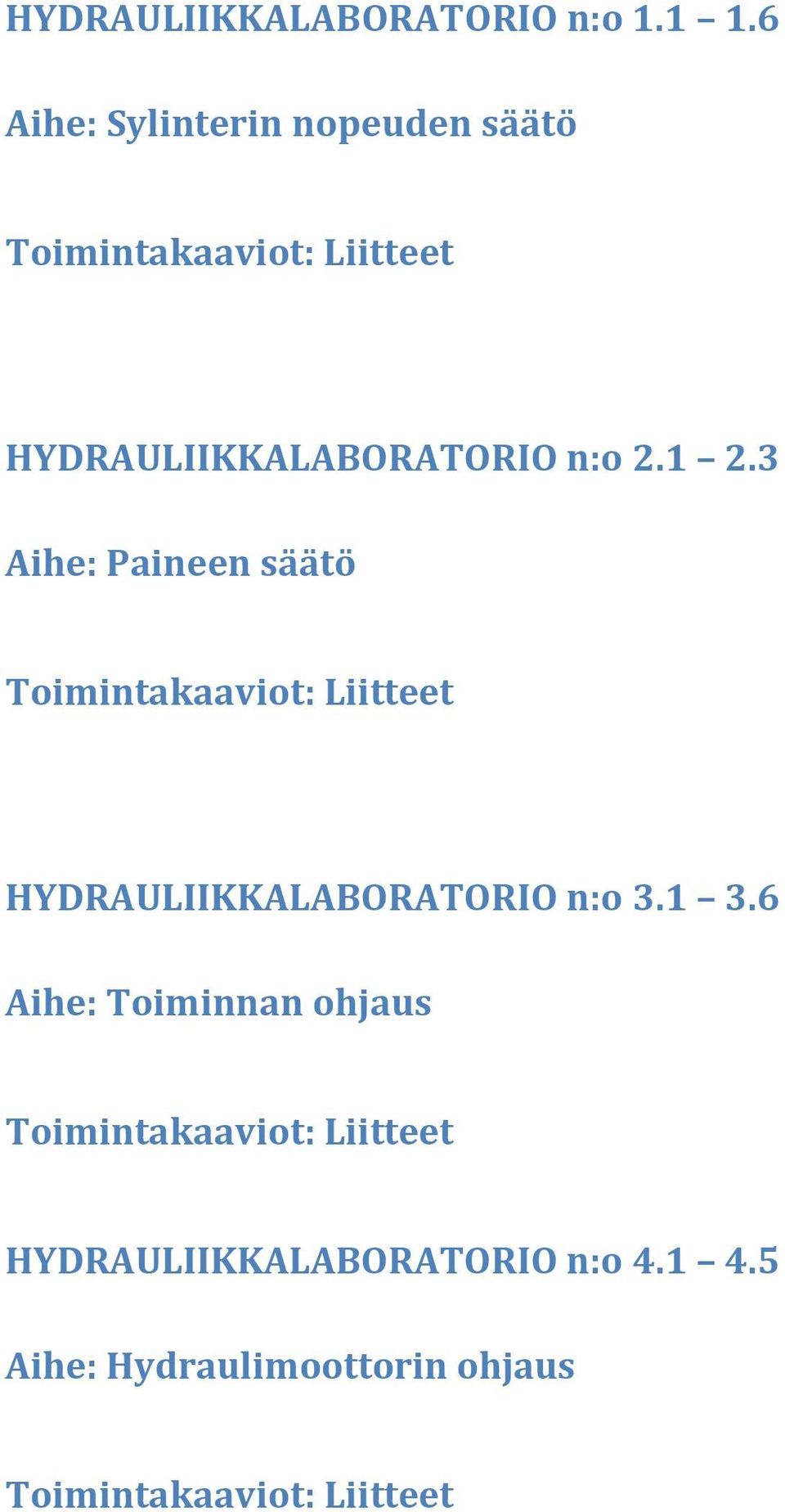 2.1 2.3 Aihe: Paineen säätö Toimintakaaviot: Liitteet HYDRAULIIKKALABORATORIO n:o 3.1 3.