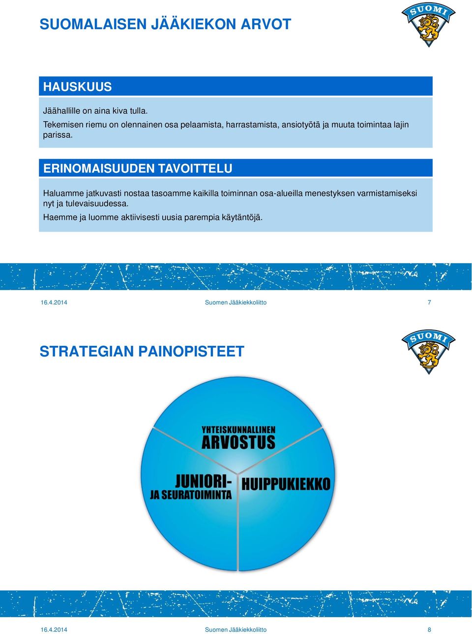 ERINOMAISUUDEN TAVOITTELU Haluamme jatkuvasti nostaa tasoamme kaikilla toiminnan osa-alueilla menestyksen