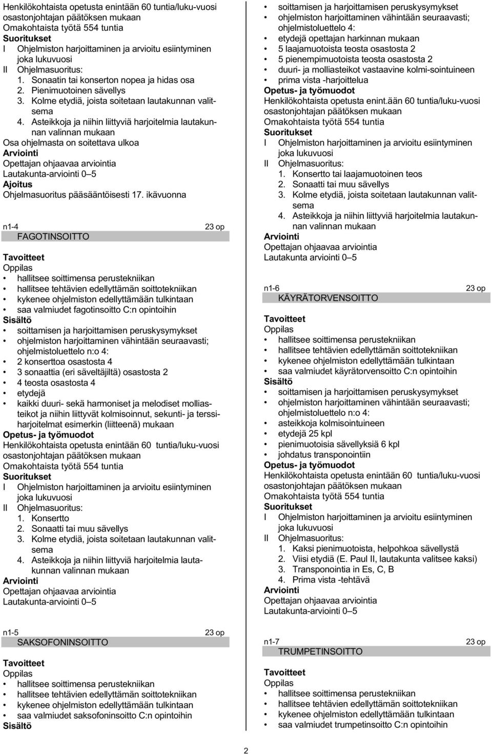 ikävuonna n1-4 23 op FAGOTINSOITTO saa valmiudet fagotinsoitto C:n opintoihin ohjelmiston harjoittaminen vähintään seuraavasti;; ohjelmistoluettelo n:o 4: 2 konserttoa osastosta 4 3 sonaattia (eri