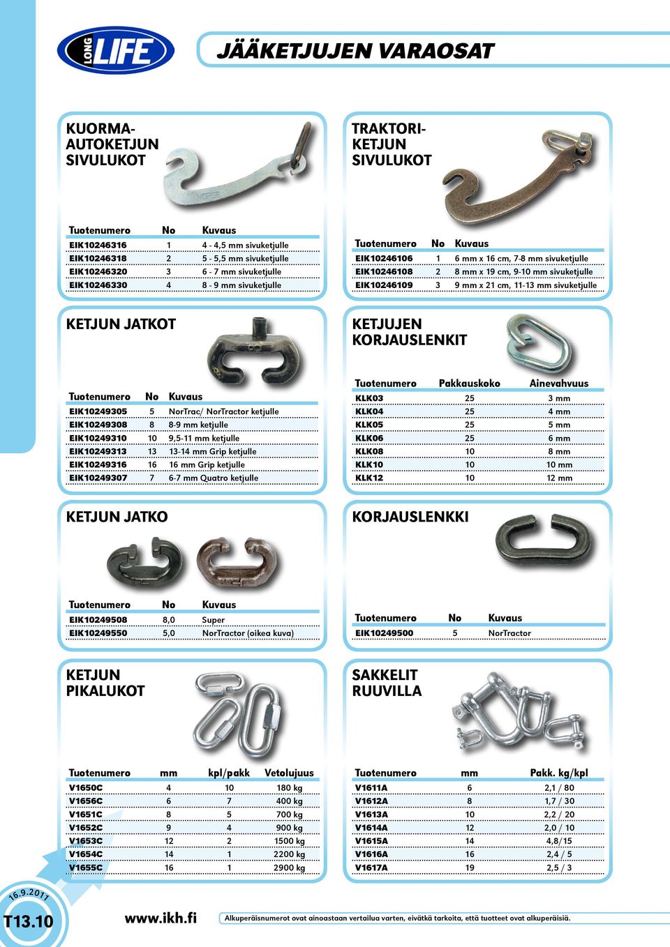 sivuketjulle KETJUN JTKOT KETJUJEN KORJUSLENKIT Tuotenumero No Kuvaus EIK10249305 5 NorTrac/ NorTractor ketjulle EIK10249308 8 8-9 mm ketjulle EIK10249310 10 9,5-11 mm ketjulle EIK10249313 13 13-14