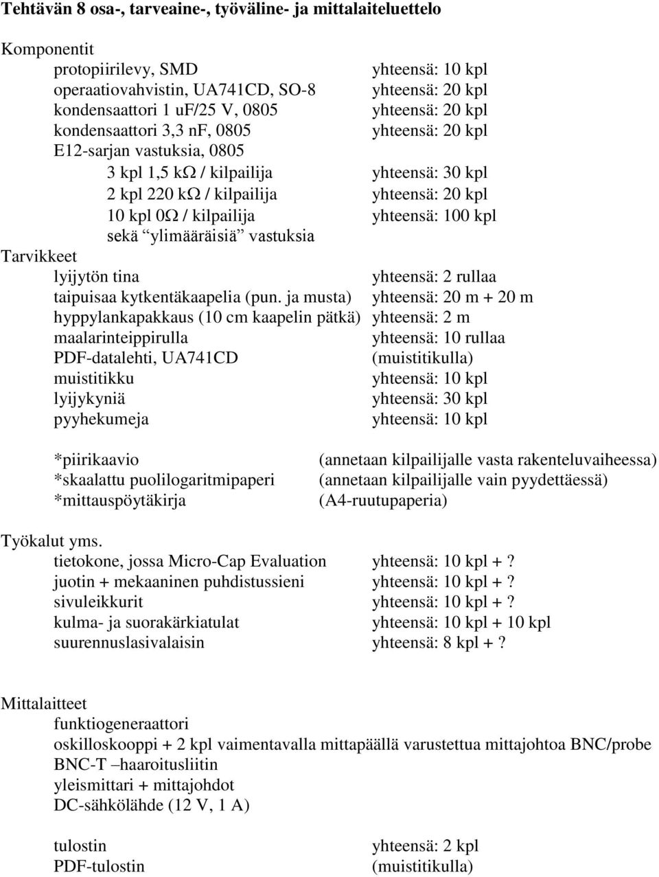 yhteensä: 100 kpl sekä ylimääräisiä vastuksia Tarvikkeet lyijytön tina yhteensä: 2 rullaa taipuisaa kytkentäkaapelia (pun.