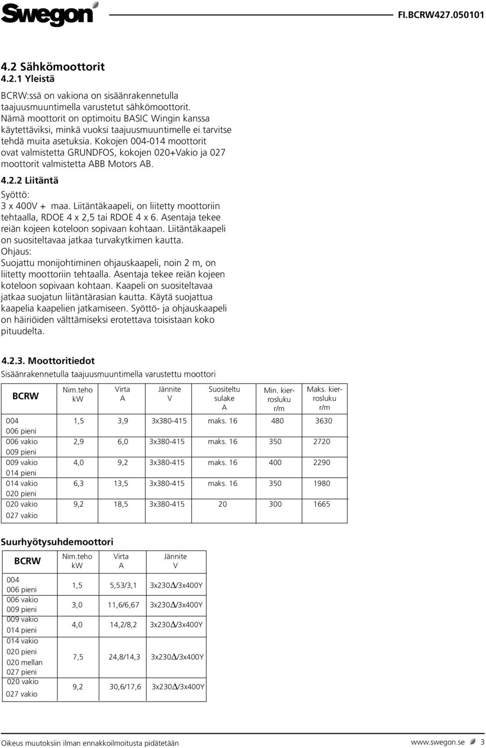 Kokojen 004-014 moottorit ovat valmistetta GRUNDFOS, kokojen 020+Vakio ja 027 moottorit valmistetta ABB Motors AB. 4.2.2 iitäntä Syöttö: 3 x 400V + maa.