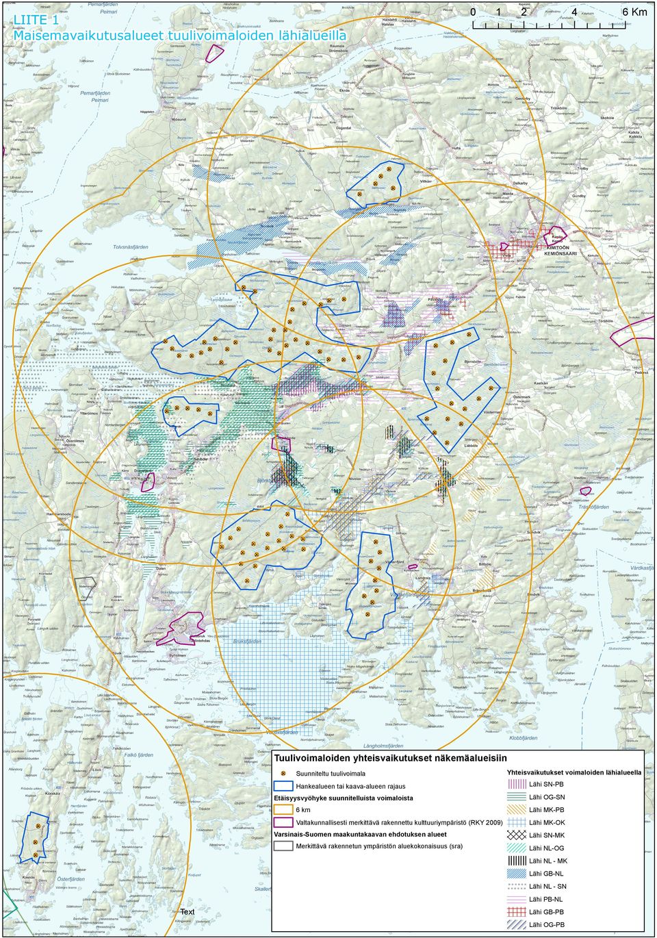 Etäisyysvyöhyke suunnitelluista voimaloista Varsinais-Suomen maakuntakaavan ehdotuksen alueet Merkittävä rakennetun ympäristön aluekokonaisuus