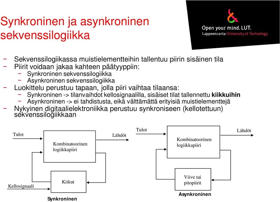 tallennettu kiikkuihin Asynkroninen -> ei tahdistusta, eikä välttämättä erityisiä muistielementtejä Nykyinen digitaalielektroniikka perustuu synkroniseen (kellotettuun)