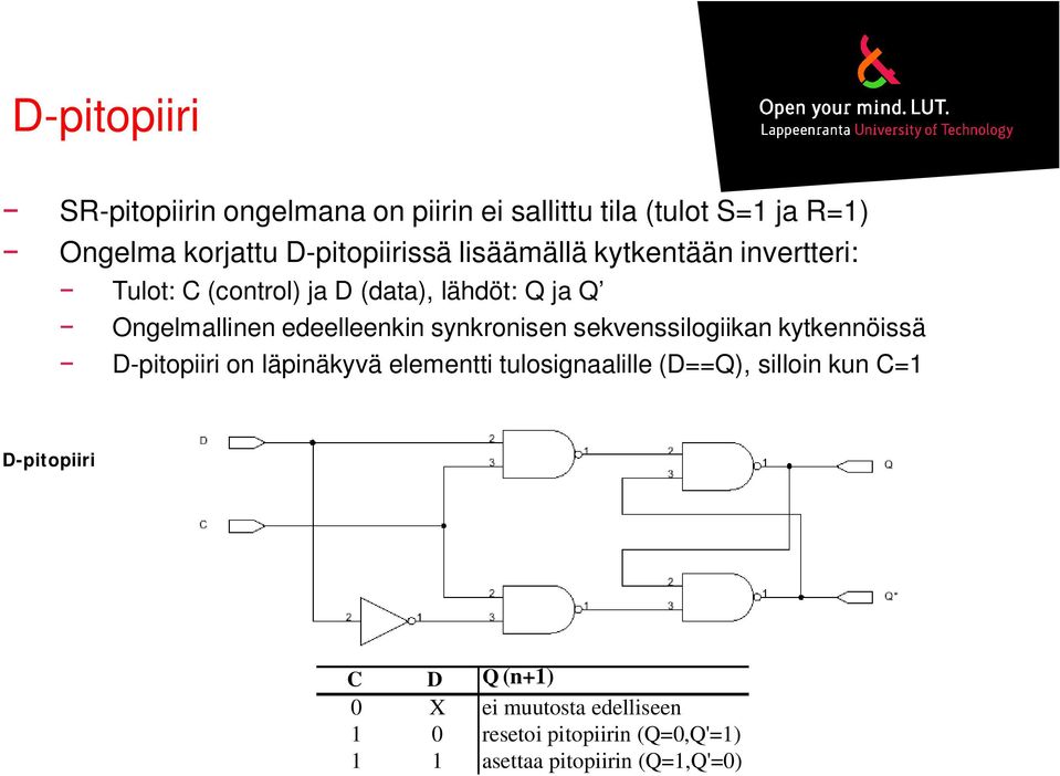 synkronisen sekvenssilogiikan kytkennöissä D-pitopiiri on läpinäkyvä elementti tulosignaalille (D==Q), silloin kun