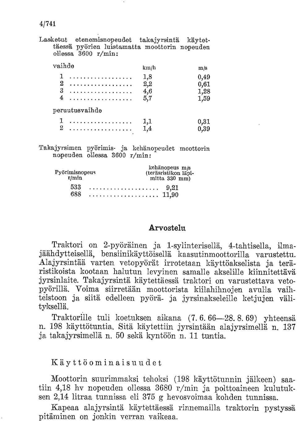 kehänopeus m/s (teräsristikon liipimitta 330 mm) 533 9,21 688 11,90 Arvostelu Traktori on 2-pyöräinen ja 1-sylinterisellä, 4-tahtisella, ilmajäähdytteisellä, bensiinikäyttöisellä kaasutinmoottorilla