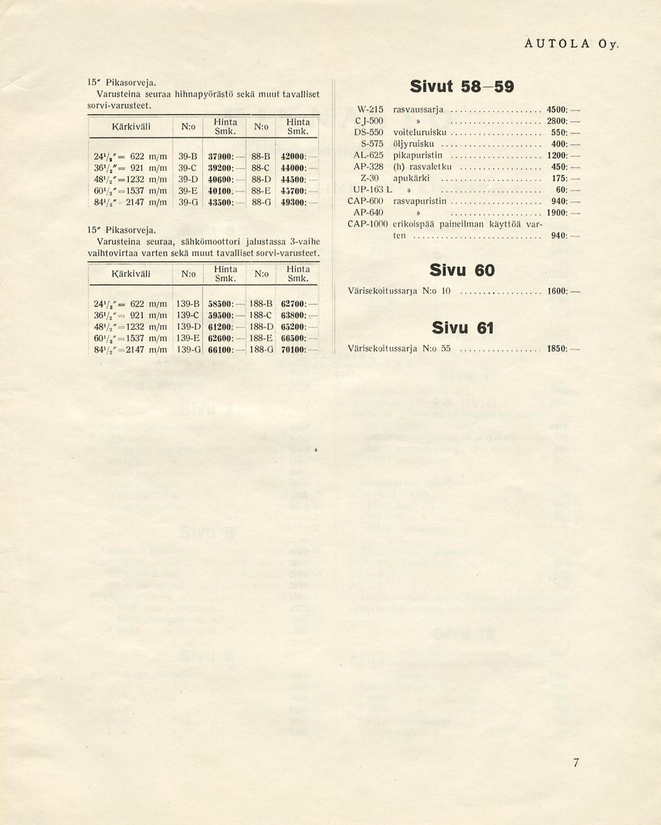 88-E 45700: 847, 2147 m/m 39-G 43500: 88-0 49300: 15 Pikasorveja. Varusteina seuraa, sähkömoottori jalustassa 3-vaihe vaihtovirtaa varten sekä muut tavalliset sorvi-varusteet.