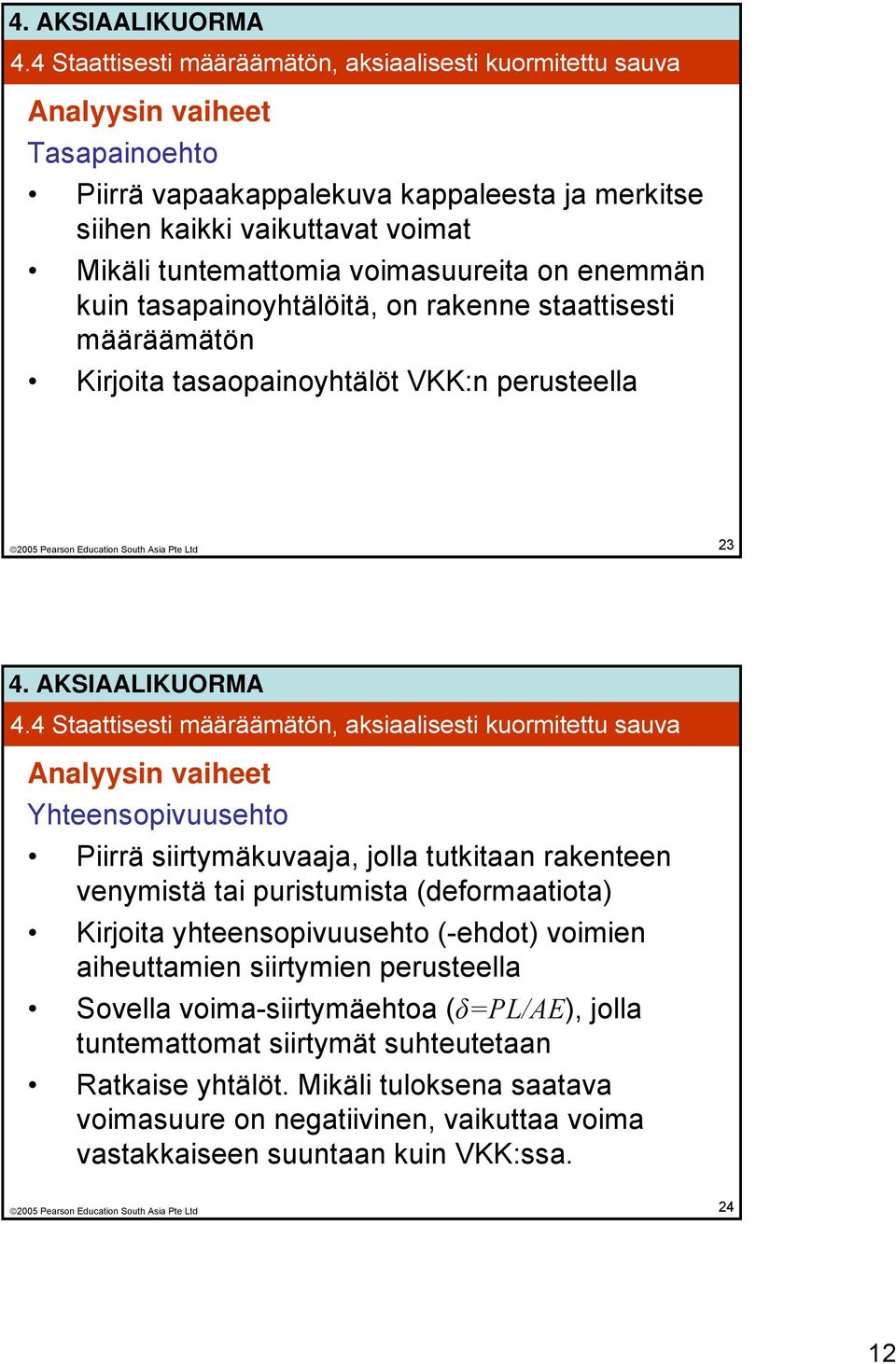 4 Staattisesti määräämätön, aksiaalisesti kuormitettu sauva Analyysin vaiheet Yhteensopivuusehto Piirrä siirtymäkuvaaja, jolla tutkitaan rakenteen venymistä tai puristumista (deformaatiota) Kirjoita