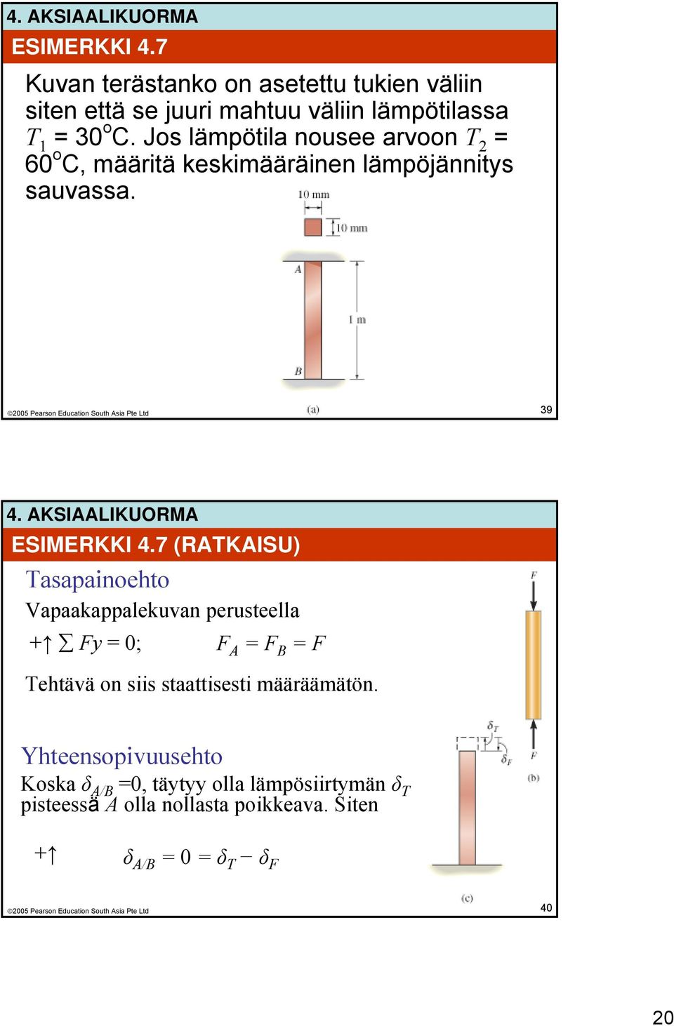 7 (RATKAISU) Tasapainoehto Vapaakappalekuvan perusteella + Fy = 0; F A = F B = F Tehtävä on siis staattisesti