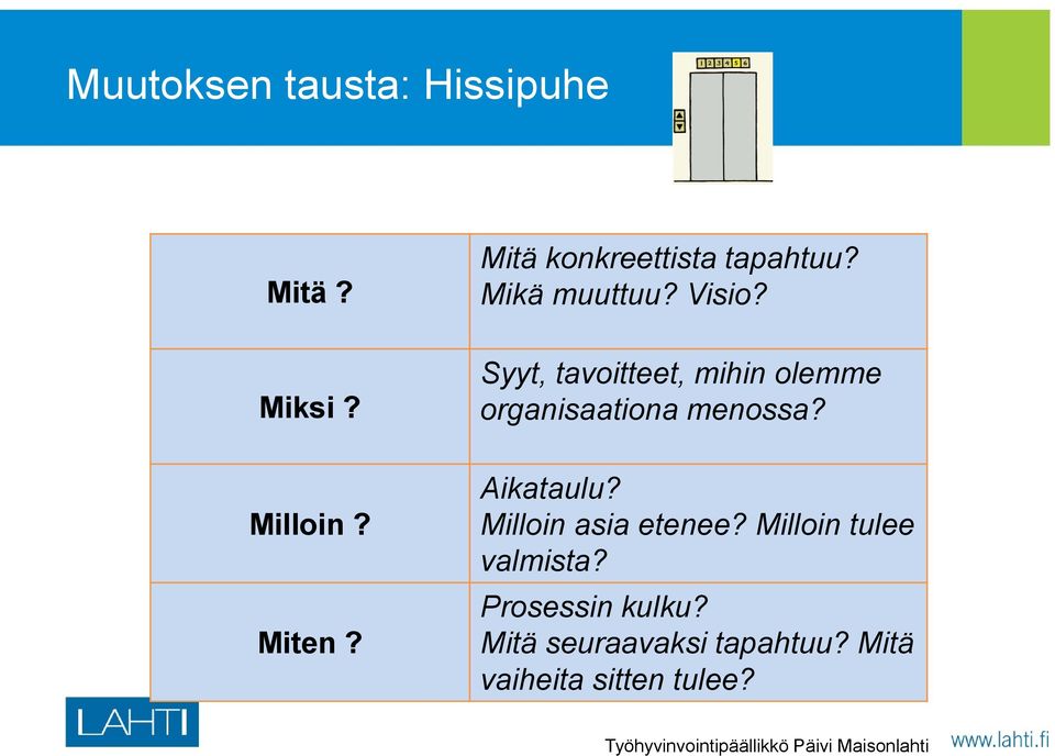 Syyt, tavoitteet, mihin olemme organisaationa menossa? Aikataulu?