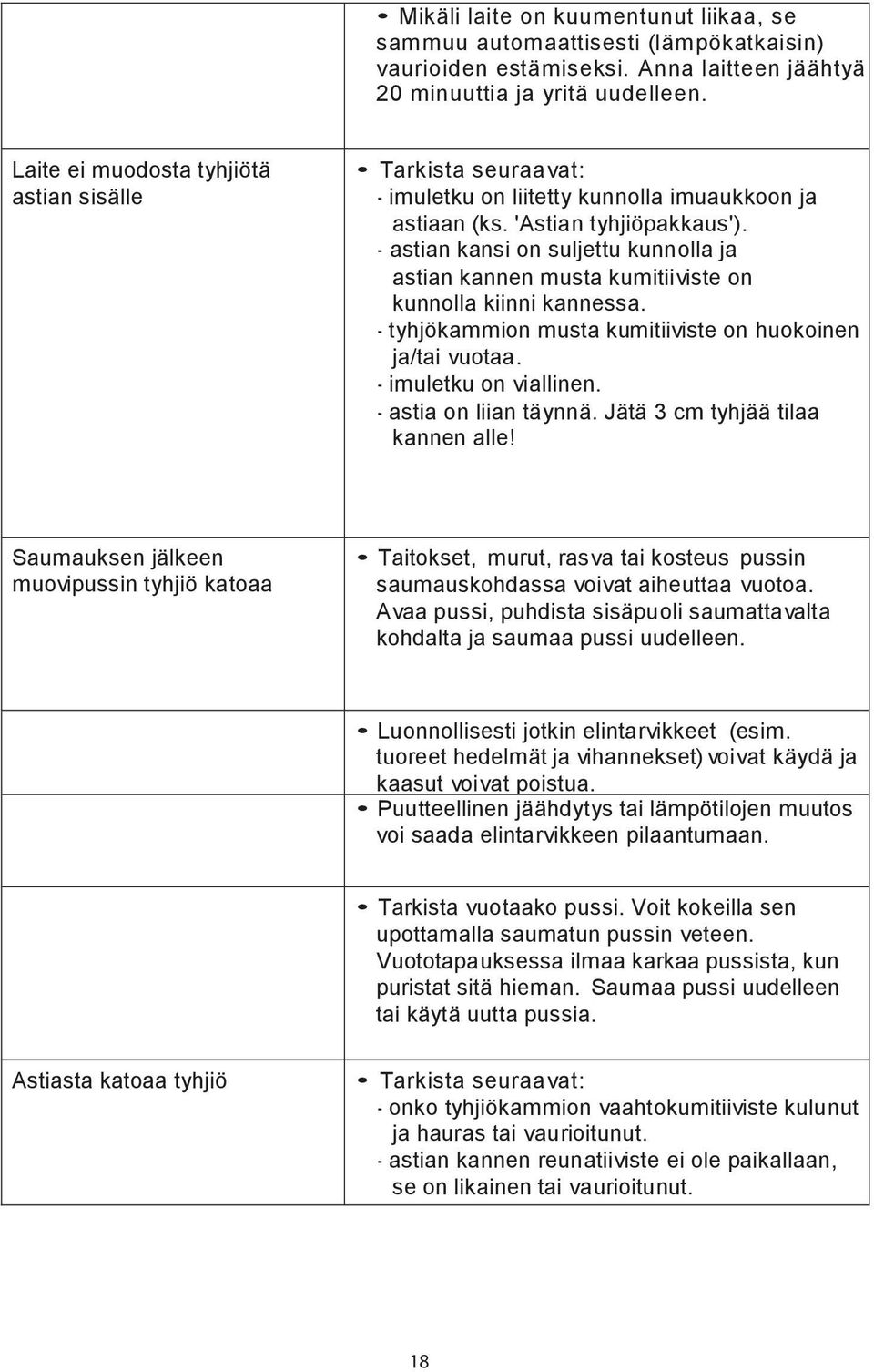 - astian kansi on suljettu kunnolla ja astian kannen musta kumitiiviste on kunnolla kiinni kannessa. - tyhjökammion musta kumitiiviste on huokoinen ja/tai vuotaa. - imuletku on viallinen.