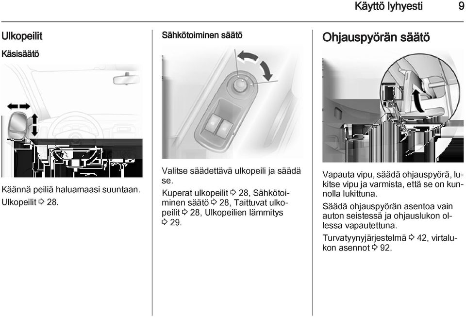 Kuperat ulkopeilit 3 28, Sähkötoiminen säätö 3 28, Taittuvat ulkopeilit 3 28, Ulkopeilien lämmitys 3 29.