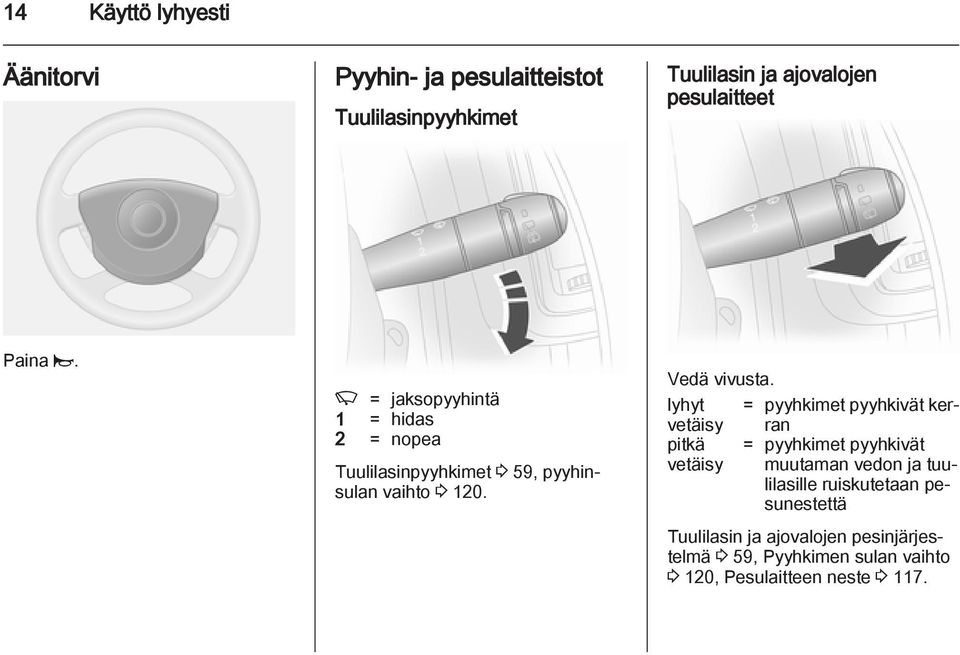 lyhyt = pyyhkimet pyyhkivät kerran vetäisy pitkä = pyyhkimet pyyhkivät vetäisy muutaman vedon ja tuulilasille