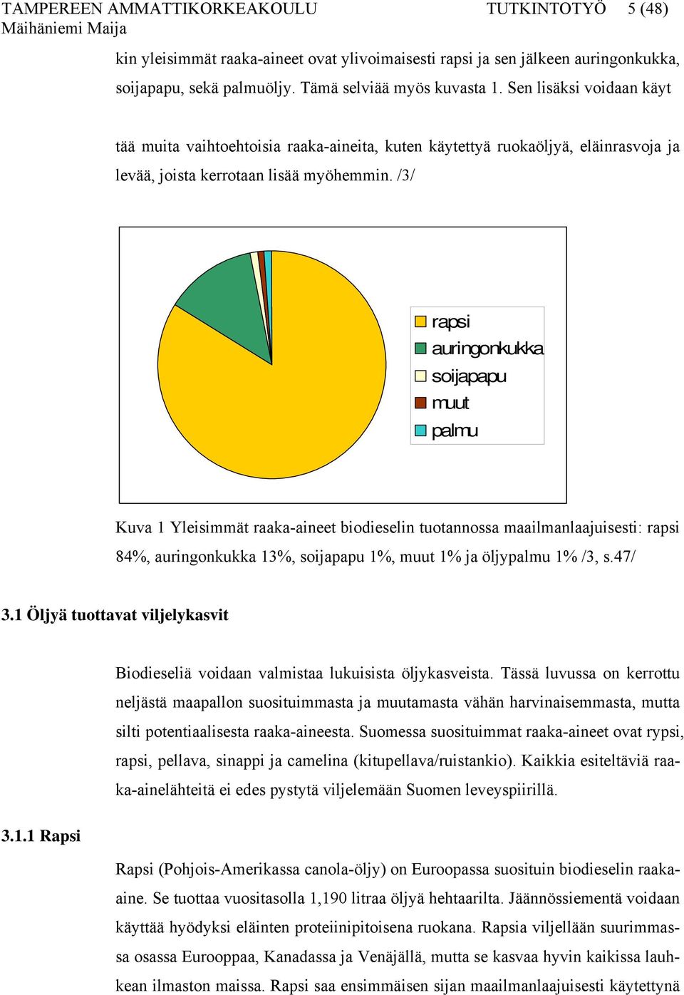/3/ rapsi auringonkukka soijapapu muut palmu Kuva 1 Yleisimmät raaka-aineet biodieselin tuotannossa maailmanlaajuisesti: rapsi 84%, auringonkukka 13%, soijapapu 1%, muut 1% ja öljypalmu 1% /3, s.