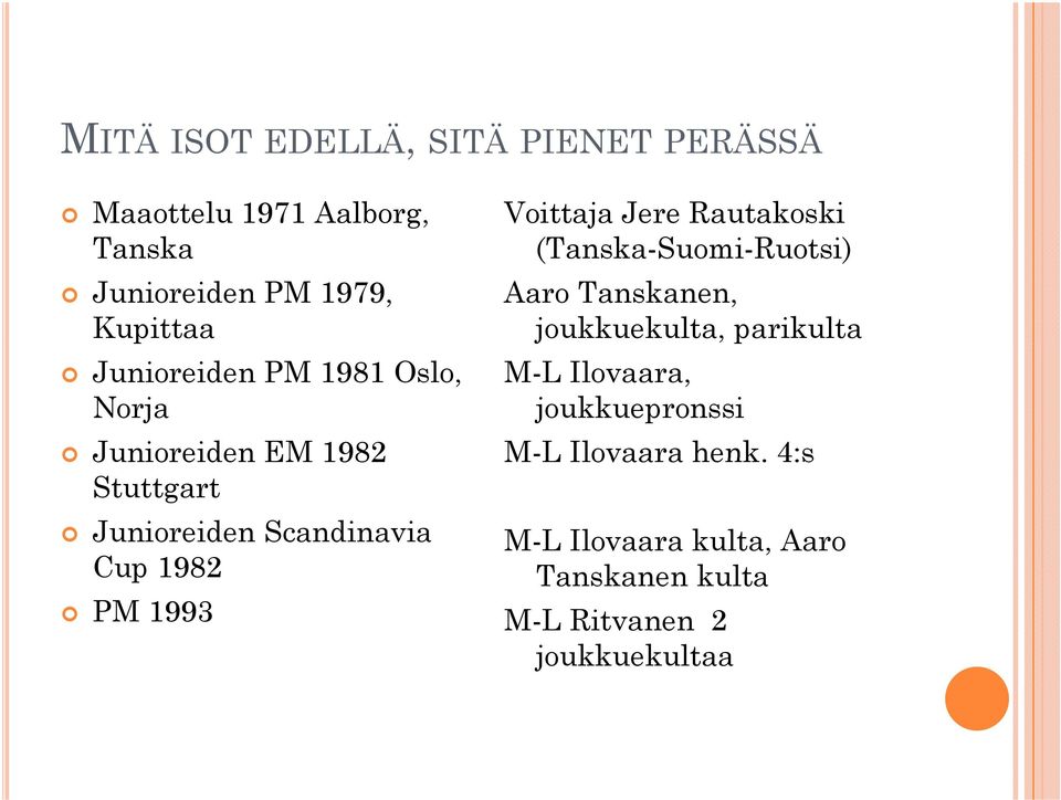 Voittaja Jere Rautakoski (Tanska-Suomi-Ruotsi) Aaro Tanskanen, joukkuekulta, parikulta M-L Ilovaara,