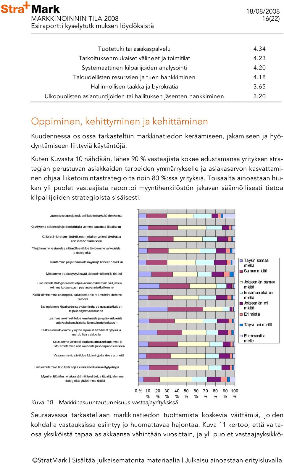 20 Oppiminen, kehittyminen ja kehittäminen Kuudennessa osiossa tarkasteltiin markkinatiedon keräämiseen, jakamiseen ja hyödyntämiseen liittyviä käytäntöjä.