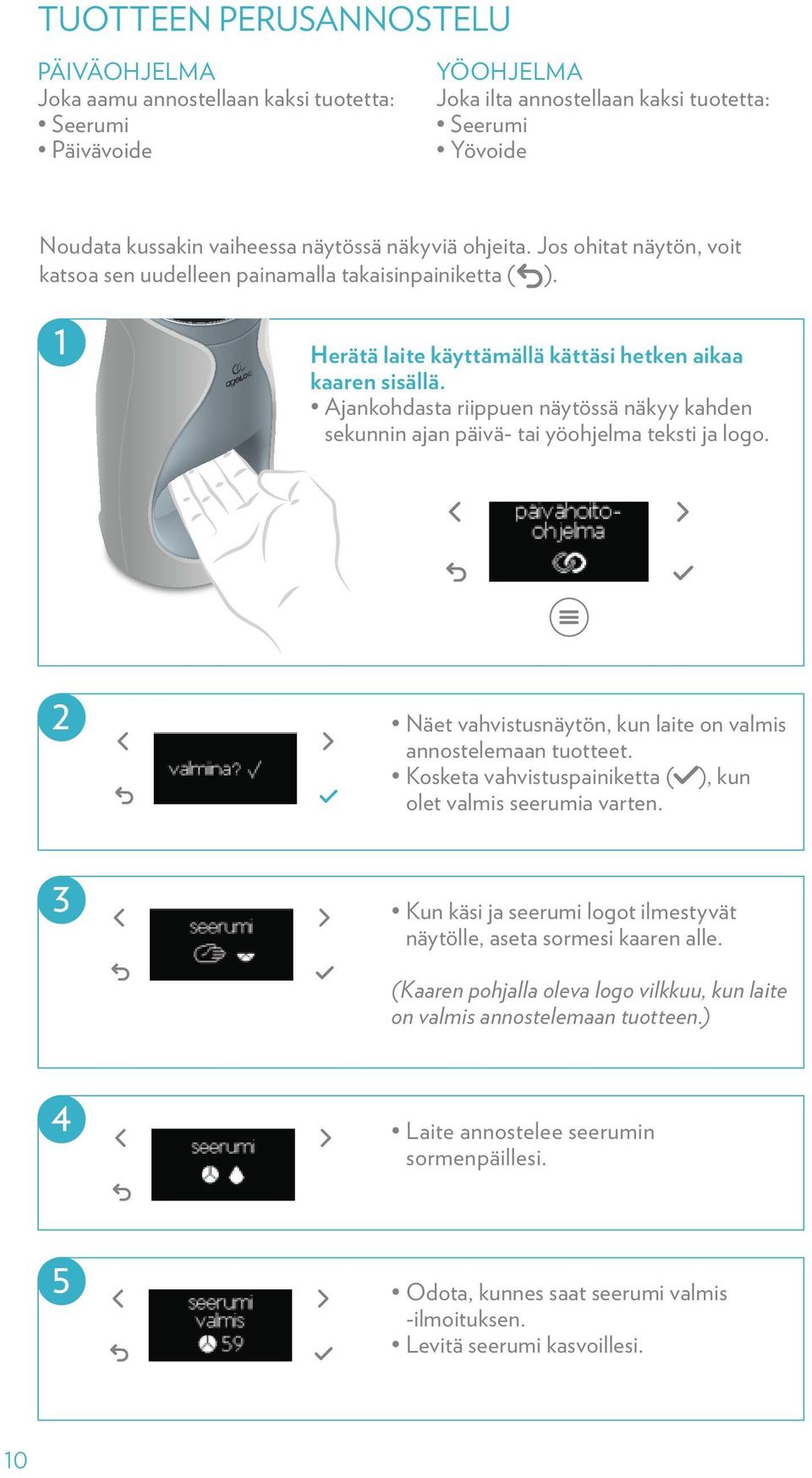 1 Herätä laite käyttämällä kättäsi hetken aikaa kaaren sisällä. Ajankohdasta riippuen näytössä näkyy kahden sekunnin ajan päivä- tai yöohjelma teksti ja logo.