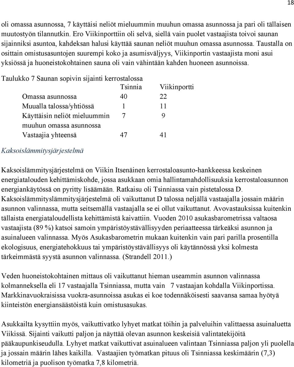 Taustalla on osittain omistusasuntojen suurempi koko ja asumisväljyys, Viikinportin vastaajista moni asui yksiössä ja huoneistokohtainen sauna oli vain vähintään kahden huoneen asunnoissa.