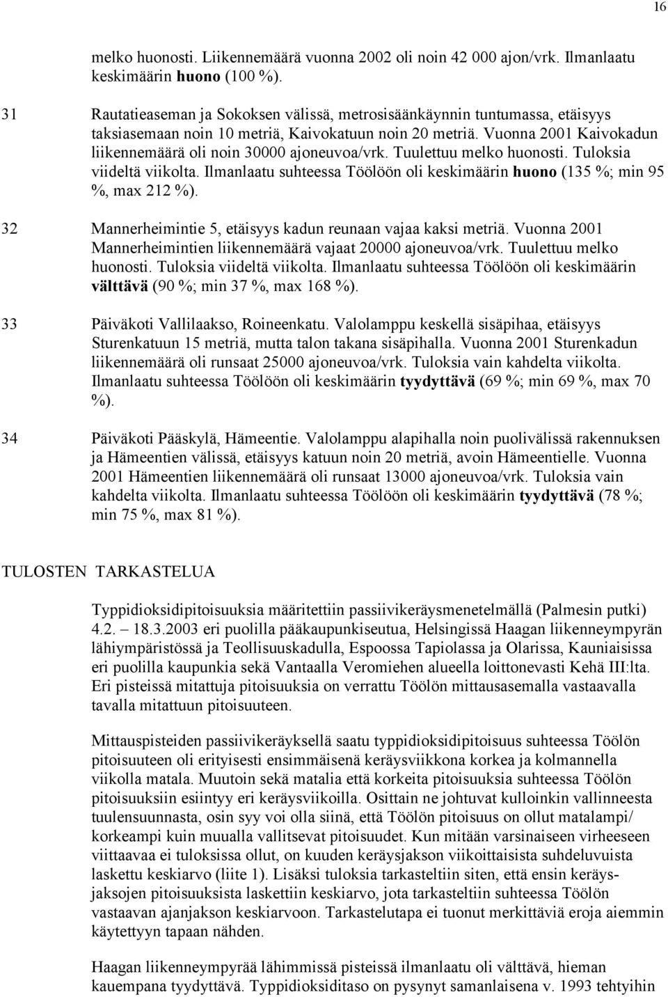 Vuonna 2001 Kaivokadun liikennemäärä oli noin 30000 ajoneuvoa/vrk. Tuulettuu melko huonosti. Tuloksia viideltä viikolta.