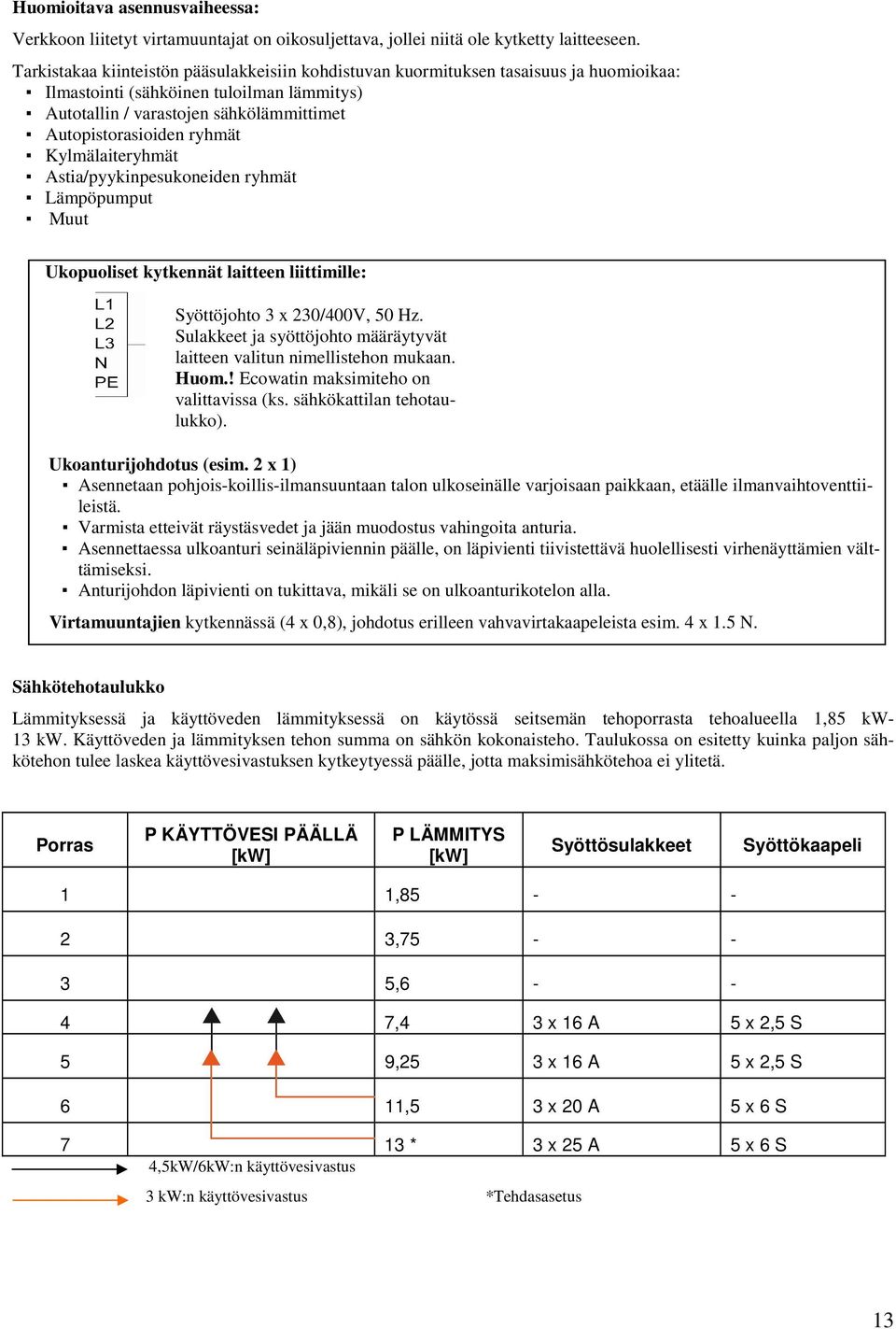 Kylmälaiteryhmät Astia/pyykinpesukoneiden ryhmät Lämpöpumput Muut Ukopuoliset kytkennät laitteen liittimille: Syöttöjohto 3 x 230/400V, 50 Hz.