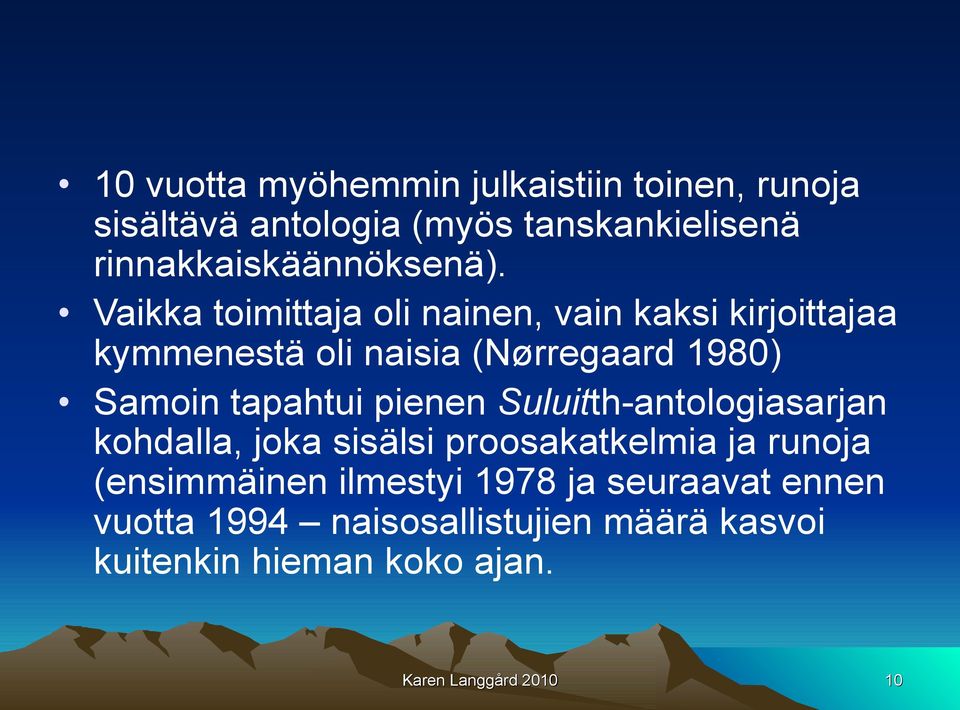 Vaikka toimittaja oli nainen, vain kaksi kirjoittajaa kymmenestä oli naisia (Nørregaard 1980) Samoin tapahtui