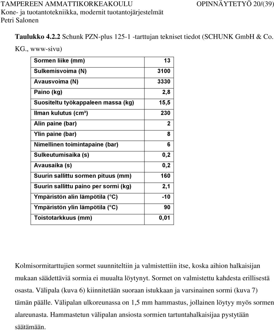 Nimellinen toimintapaine (bar) 6 Sulkeutumisaika (s) 0,2 Avausaika (s) 0,2 Suurin sallittu sormen pituus (mm) 160 Suurin sallittu paino per sormi (kg) 2,1 Ympäristön alin lämpötila ( C) -10