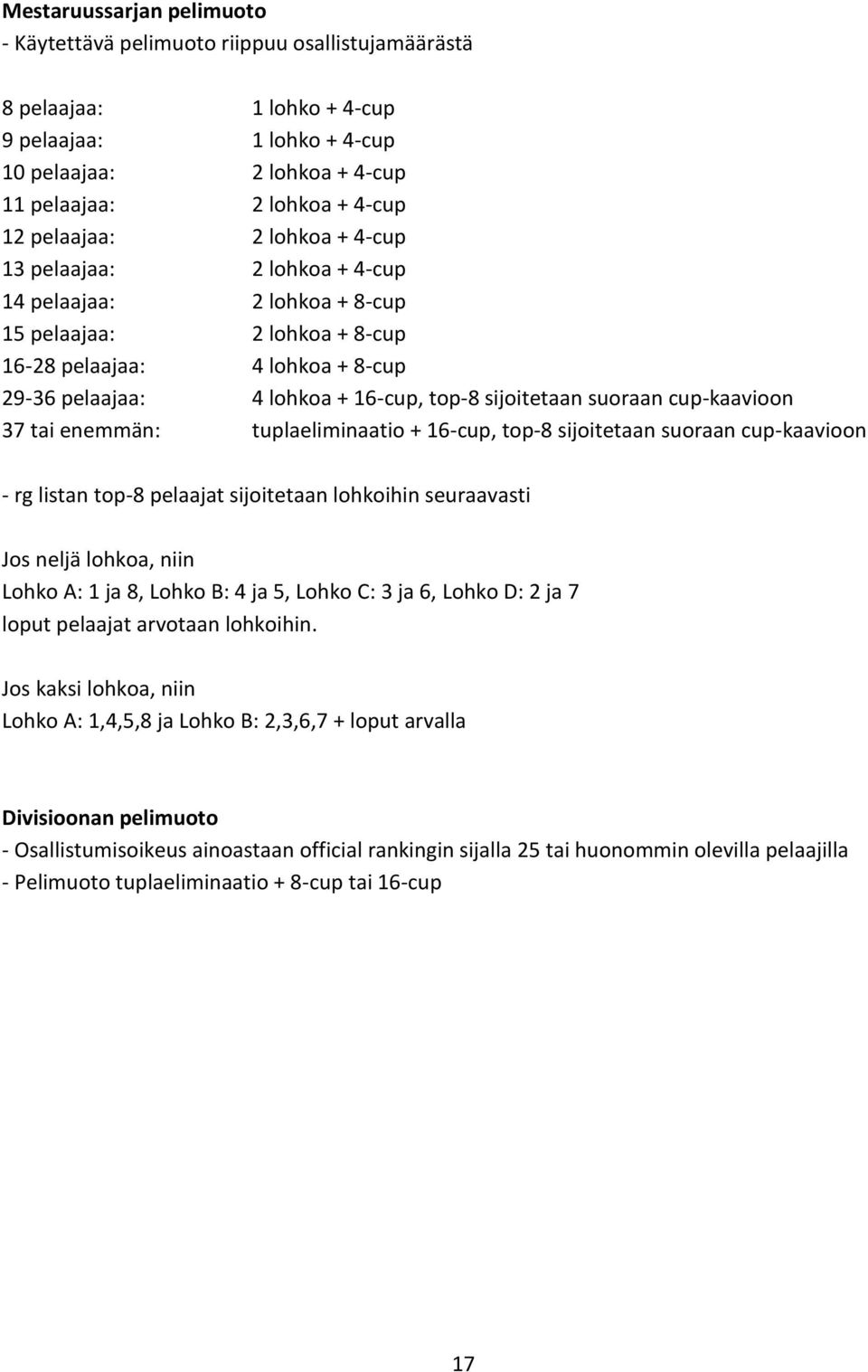 sijoitetaan suoraan cup-kaavioon 37 tai enemmän: tuplaeliminaatio + 16-cup, top-8 sijoitetaan suoraan cup-kaavioon - rg listan top-8 pelaajat sijoitetaan lohkoihin seuraavasti Jos neljä lohkoa, niin