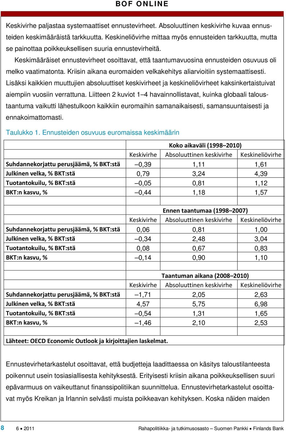 Keskimääräiset ennustevirheet osoittavat, että taantumavuosina ennusteiden osuvuus oli melko vaatimatonta. Kriisin aikana euromaiden velkakehitys aliarvioitiin systemaattisesti.