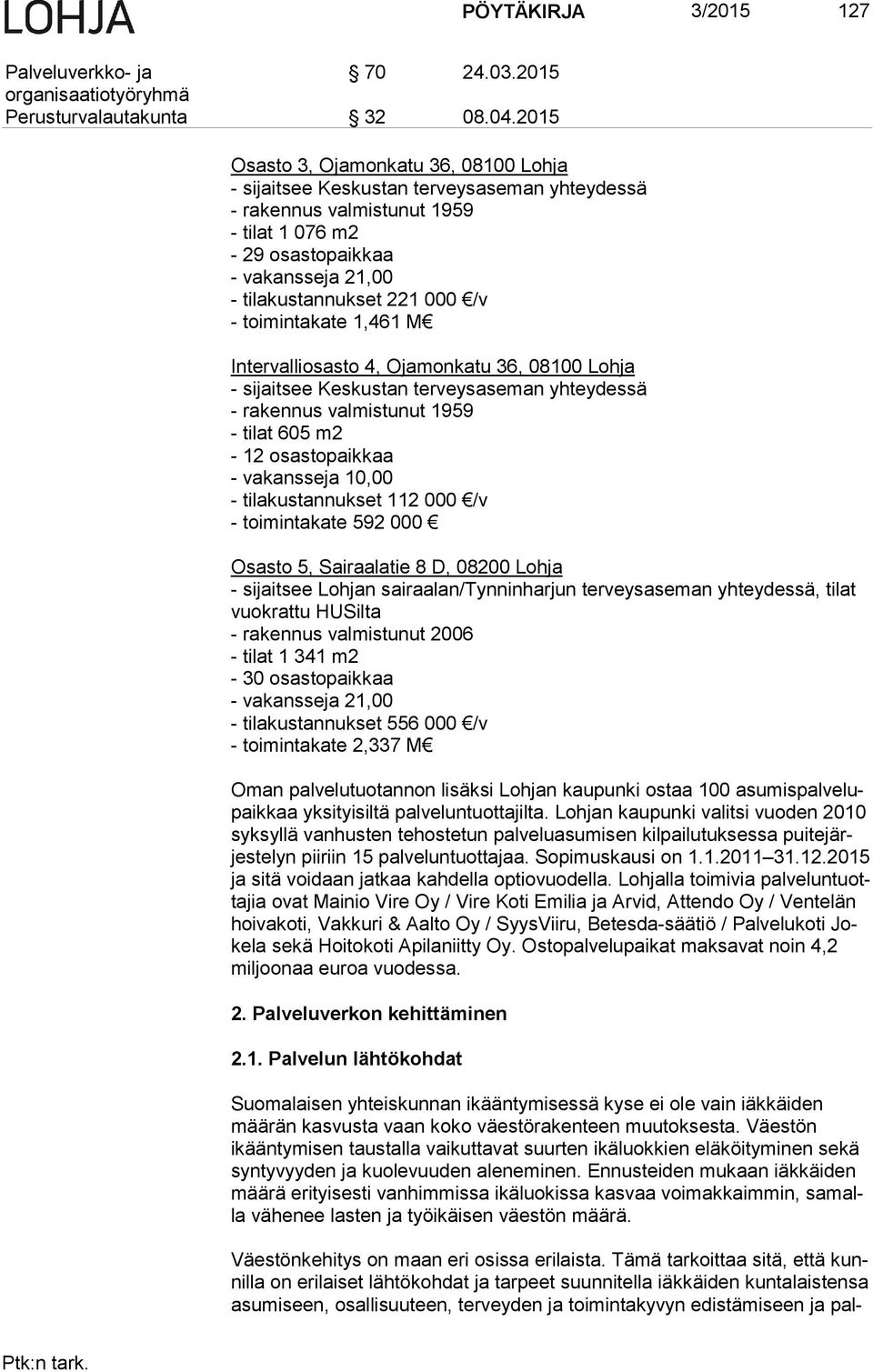 - toimintakate 1,461 M Intervalliosasto 4, Ojamonkatu 36, 08100 Lohja - sijaitsee Keskustan terveysaseman yhteydessä - rakennus valmistunut 1959 - tilat 605 m2-12 osastopaikkaa - vakansseja 10,00 -