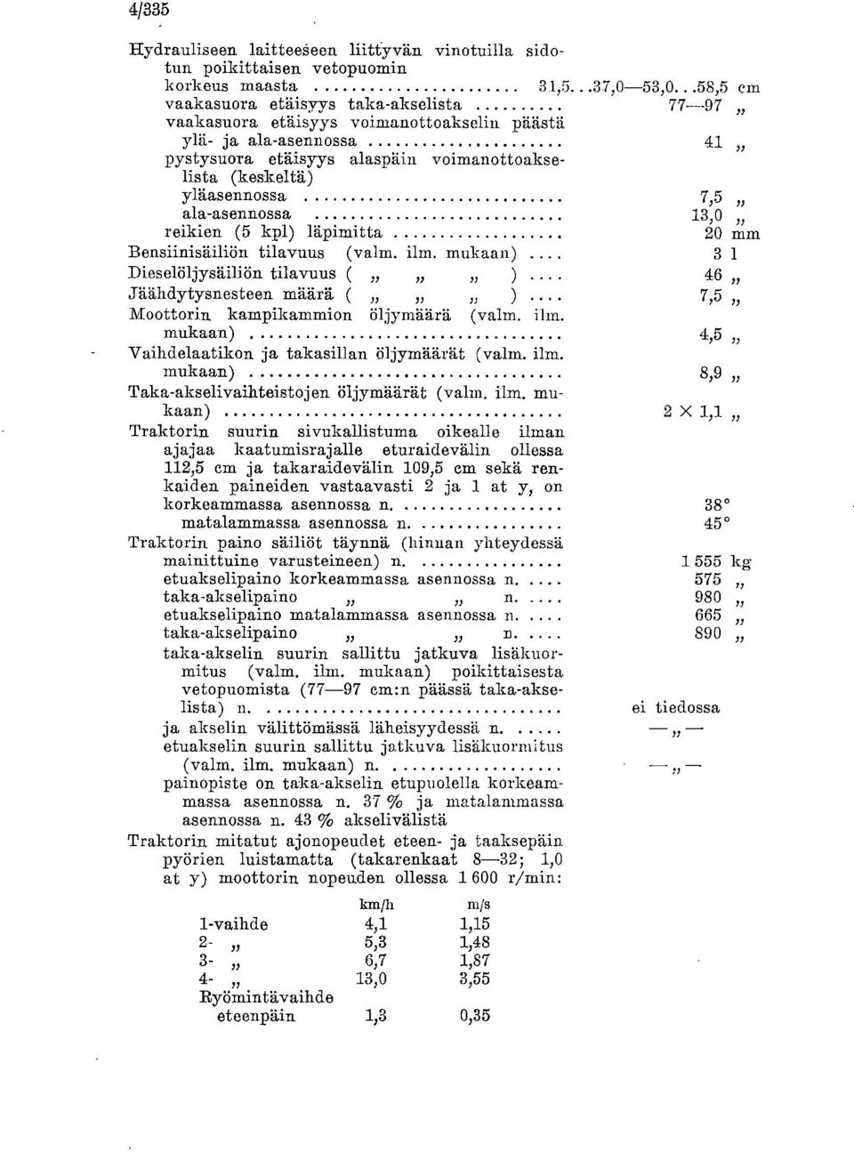 1) ala-asennossa 13,0 reikien (5 kpl) läpimitta 20 mm Bensiinisäiliön tilavuus (valm. ilm. mukaan) 3 1 Dieselöljysäiliön tilavuus ( 1.