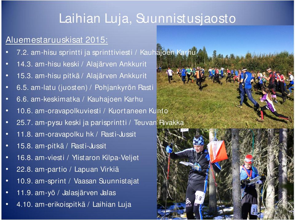 6. am-oravapolkuviesti / Kuortaneen Kunto 25.7. am-pysu keski ja parisprintti / Teuvan Rivakka 11.8. am-oravapolku hk / Rasti-Jussit 15.8. am-pitkä / Rasti-Jussit 16.