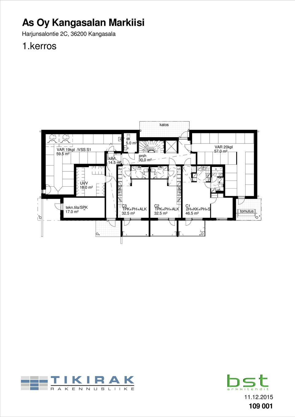 0 m² VAR 20kpl 57.0 m² UVV 18.0 m² tekn.