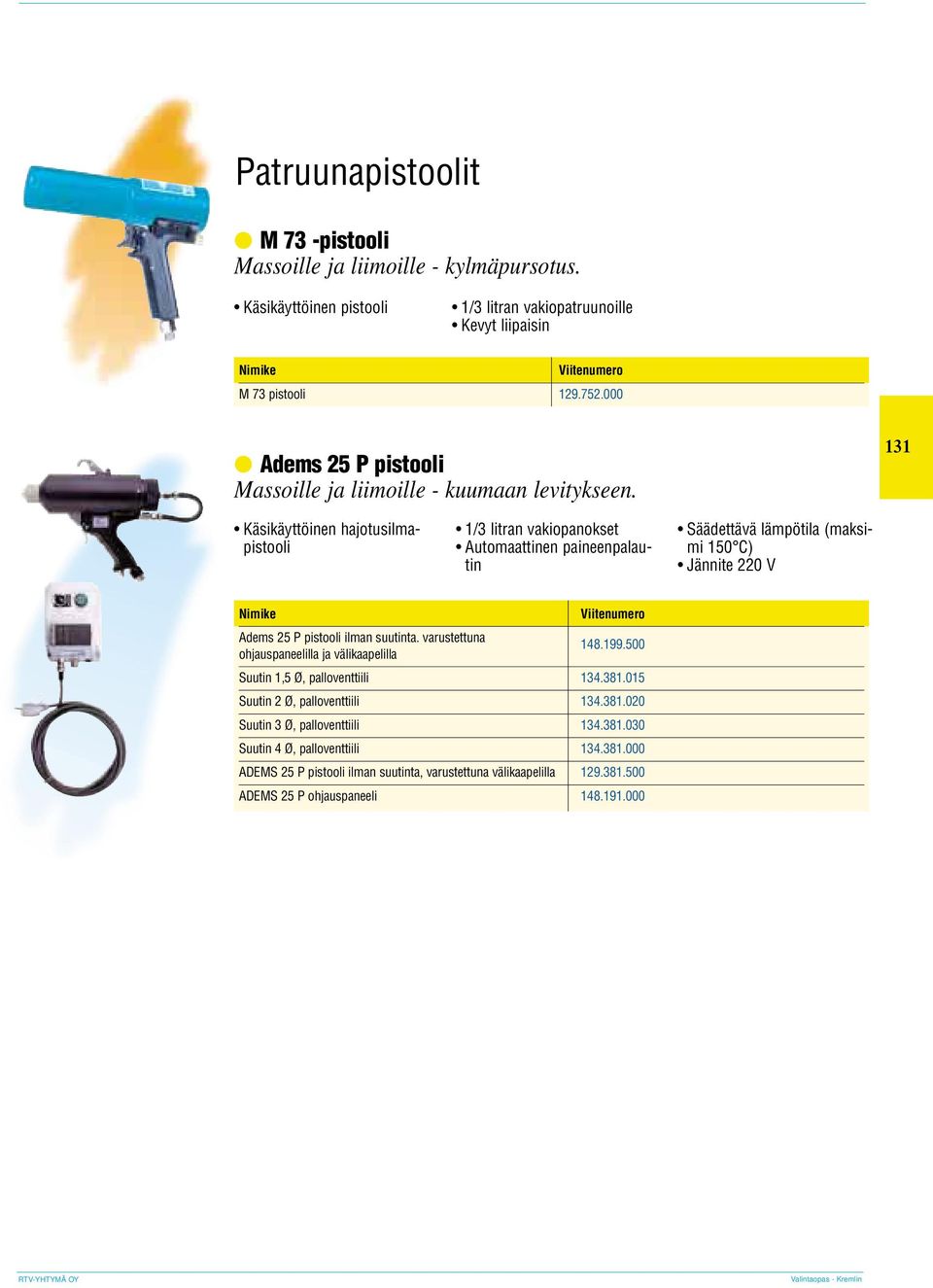 131 Käsikäyttöinen hajotusilmapistooli 1/3 litran vakiopanokset Automaattinen paineenpalautin Säädettävä lämpötila (maksimi 150 C) Jännite 220 V Adems 25 P pistooli ilman suutinta.
