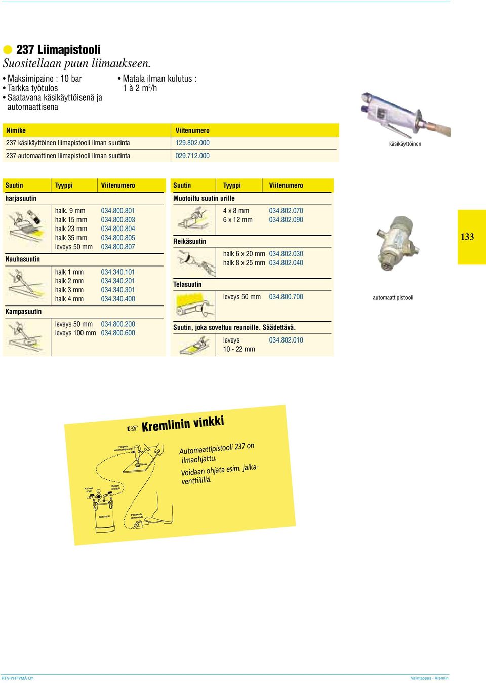000 237 automaattinen liimapistooli ilman suutinta 029.712.000 käsikäyttöinen Suutin Tyyppi Suutin Tyyppi harjasuutin Muotoiltu suutin urille Nauhasuutin halk. 9 mm 034.800.801 halk 15 mm 034.800.803 halk 23 mm 034.