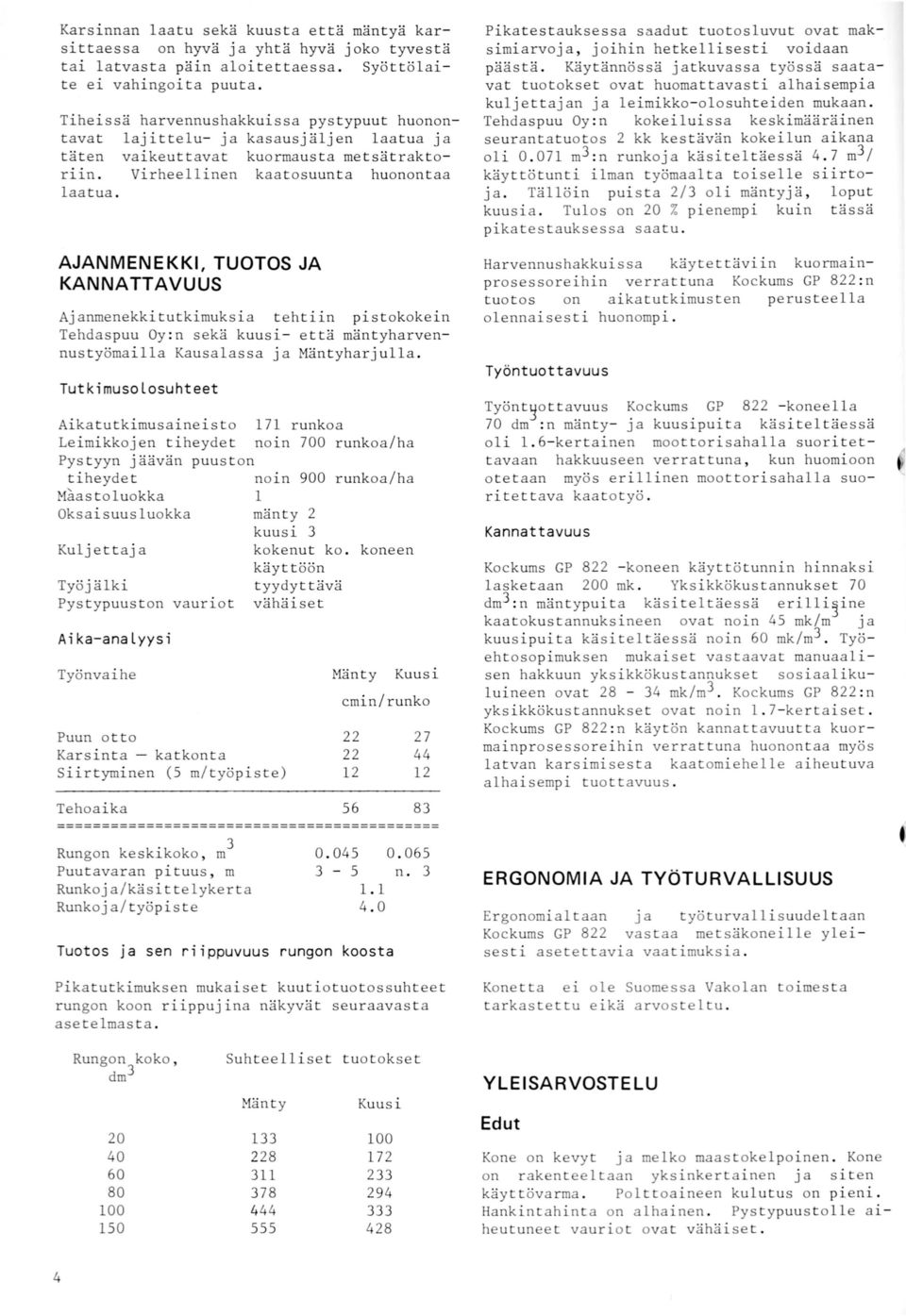 AJANMENEKKI, TUOTOS JA KANNATTAVUUS Ajanmenekki tutkimuksi a tehtiin pist okokein Tehdas puu Oy : n sekä k uu si - että mäntyharvennustyömailla Kaus alassa ja Män t yharj ull a.